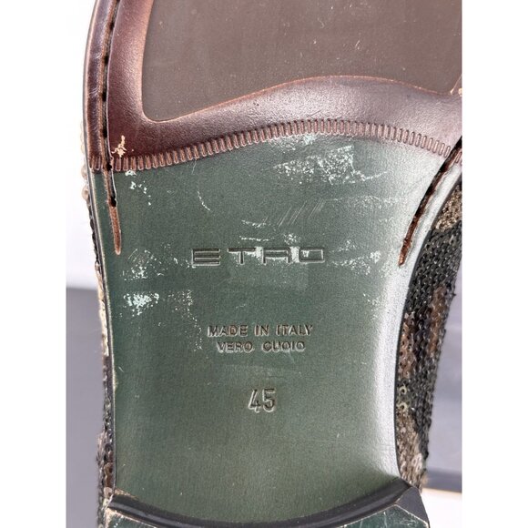 Etro Camouflage Sequin Loafers In Green And Black Size 45/12 USA Made Italy